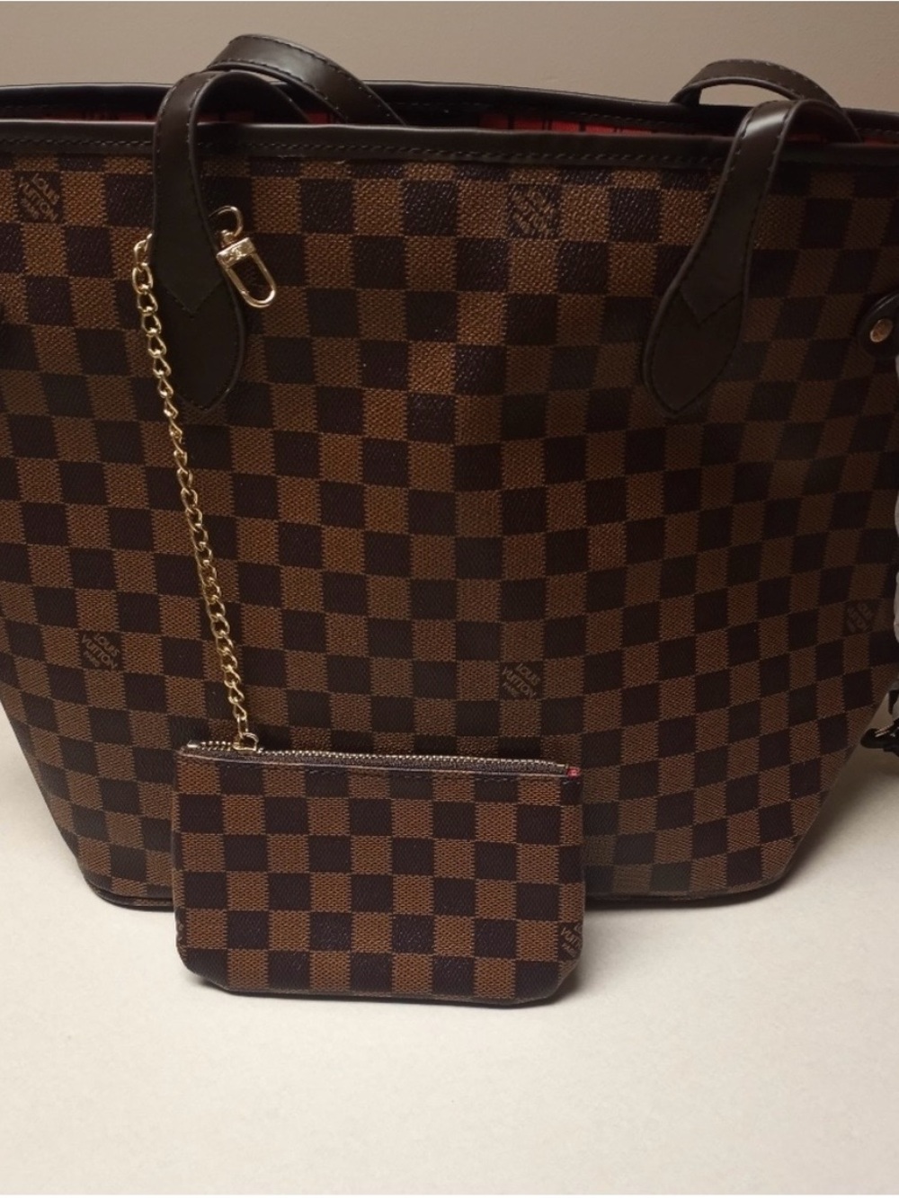 Designer Inspired Brown Checkered Shoulder Tote